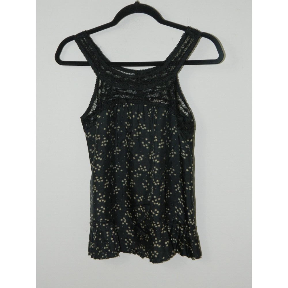 Rebecca Taylor Blouse‎ Tank Size 2 Black Silk Starburst Printed Lace Trim